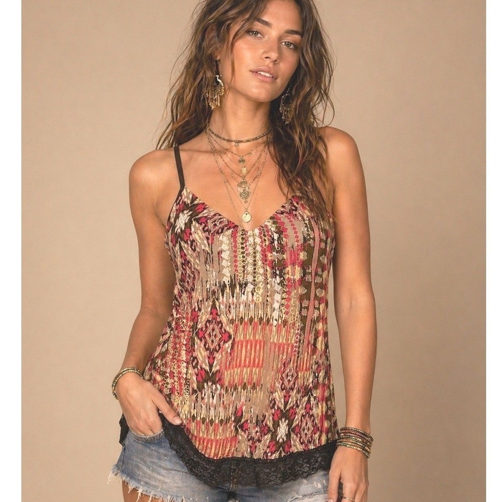 VTG Boho Festival Top L Brown Pink Abstract Lace Trim Camisole Earthy Y2K Indie - Picture 15 of 15